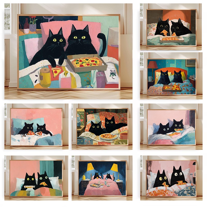 Pet Beds - Dwa Czarne Koty Jedzące Pizzę w